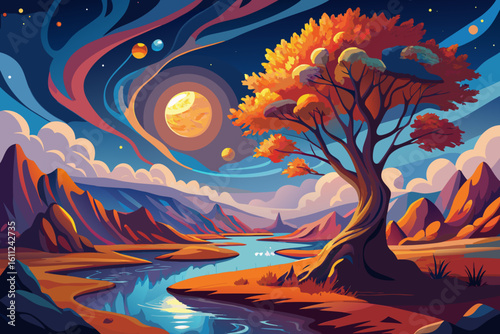 Vibrant alien landscape with a solitary tree under a swirling sky