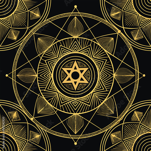 Golden geometric pattern with star of david motif elegant jewish symbol background luxurious design seamless and intricate vector art