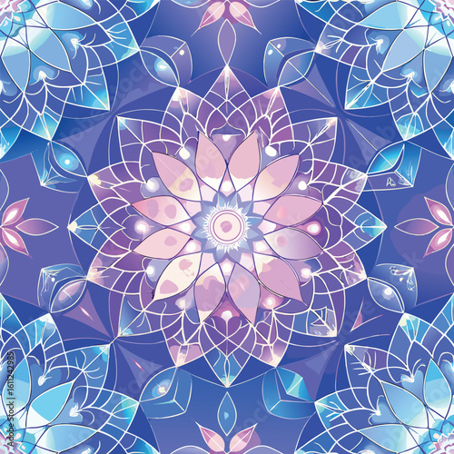 Intricate floral mandala pattern with blue and violet hues seamless ornamental design background for meditative and spiritual themes decorative geometric composition