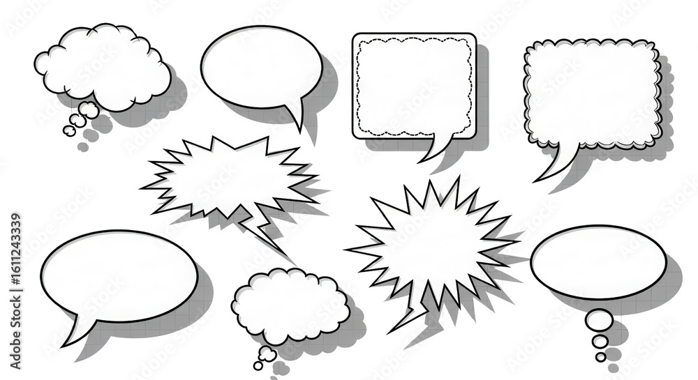 Fototapeta premium Comic book speech bubbles and cartoon thought balloons graphic set isolated PNG with Transparent Background