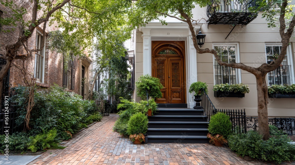 Fototapeta premium Charming Townhouse Exterior Surrounded by Lush Greenery in City