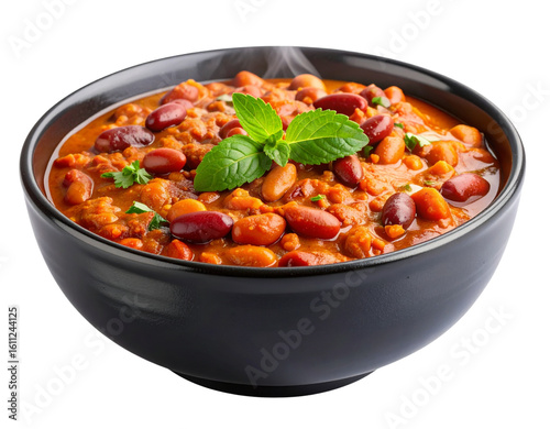  “Spicy Rajma Masala in Black Ceramic Bowl with Steam Effect, isolated PNG”.