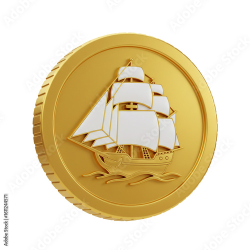 A gleaming golden coin depicts a detailed sailing ship with billowing sails capturing the essence of maritime adventure and exploration.