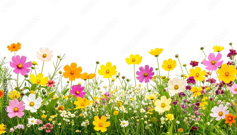 Fototapeta premium Vibrant cosmos flowers on white background, perfect for spring themed designs
