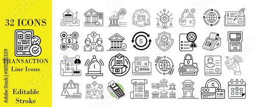 Collection of 32 diverse transactional icons for digital use