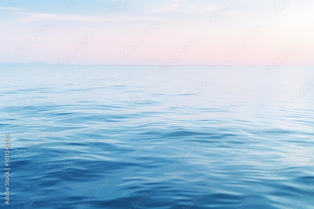 Fototapeta premium Tranquil blue ocean reflecting a serene pastel colored sunrise sky, creating a peaceful and minimalist seascape