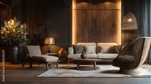 Luxury interior background featuring cozy modern living room with warm lighting wooden furniture and plush textures elegant lifestyle and home design stock