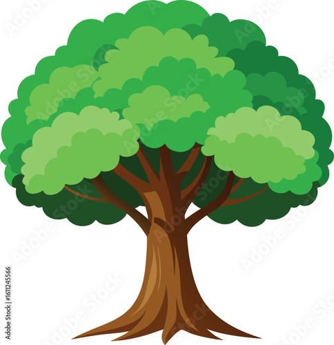 Vibrant green tree with thick brown trunk and branches