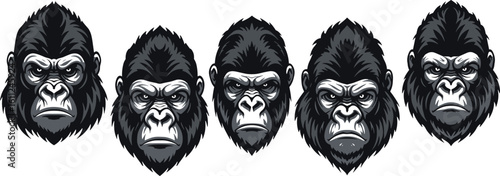 Gorilla head vector set – aggressive gorilla face illustrations for mascot, logo, or wildlife design in bold graphic style