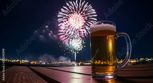 A frothy mug of beer sits on a wooden table, overlooking a vibrant fireworks display illuminating the night sky with bursts of color and light.