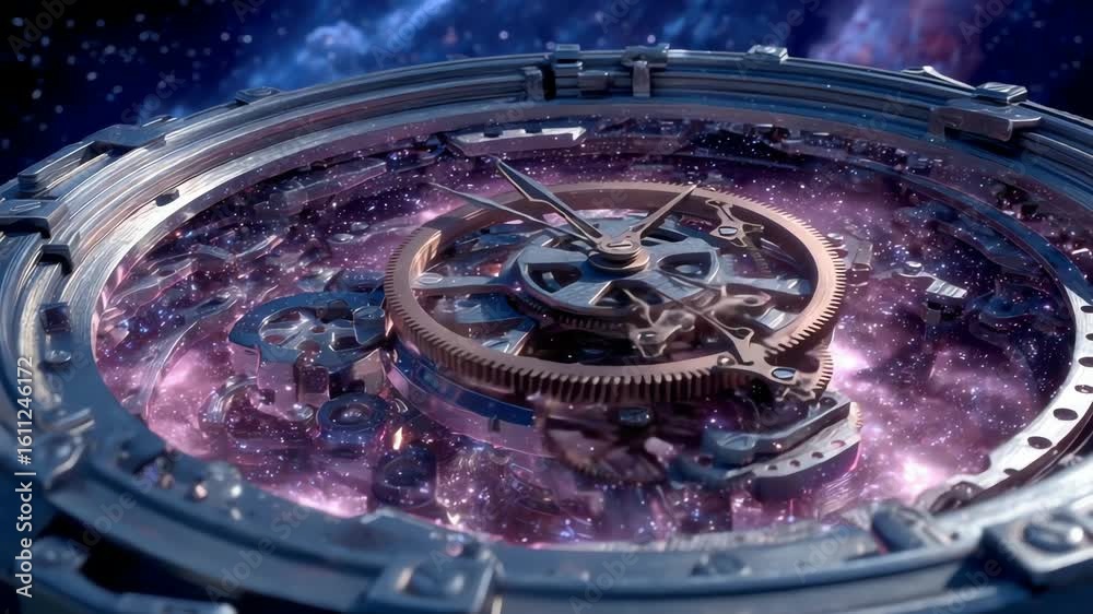 Abstract time travel machine with clockwork gears in a galaxy background cinematic video clip