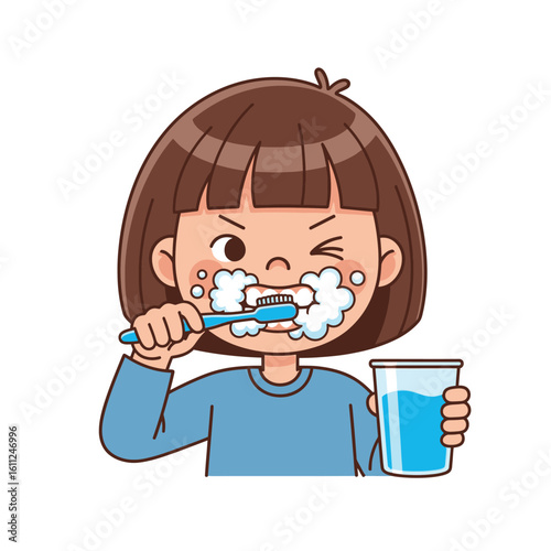 Child brushing teeth with toothbrush in one hand and a cup in the other, foam on mouth, isolated on white background