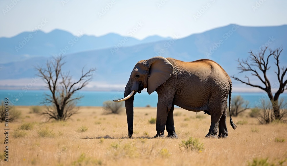 Fototapeta premium African Elephant Standing in Arid Landscape with Distant Mountains and Water