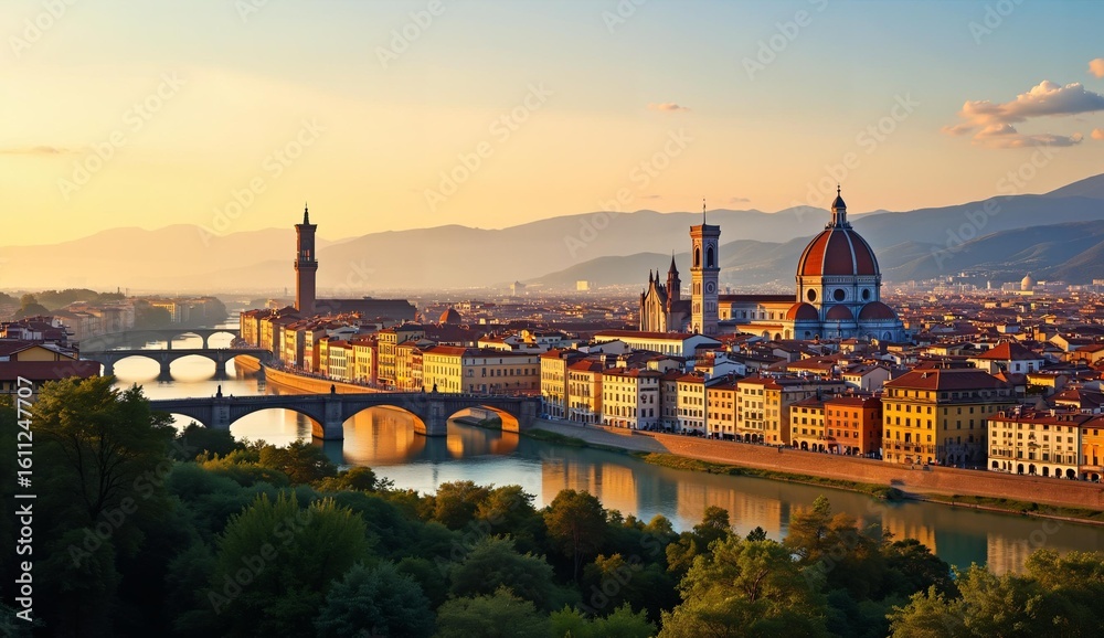 Obraz premium Sunset Over Florence: A Panoramic View of Historic Architecture and the Arno River