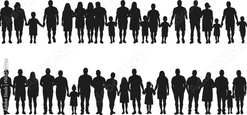 Large family silhouettes collection – diverse generations holding hands, parents and children, community unity concept, group people vector set
