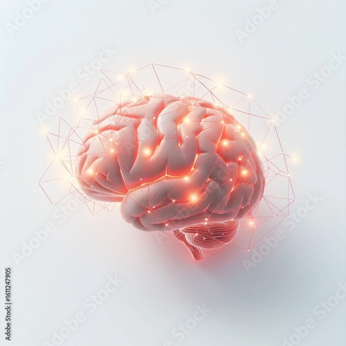 Minimalist 3d illustration of human brain with glowing neural connections, white background, mental health and therapy concept.