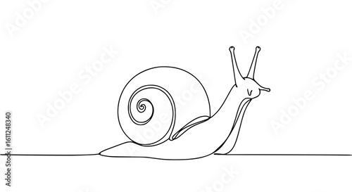 Simple line drawing of a snail slowly moving on a plain background  