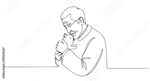Man smiling while holding a cat in a minimal line art style, concept of single line outline vector  
