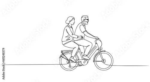 Elderly couple riding a bicycle together in single line outline vector  