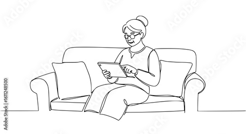 Elderly woman sitting on sofa and using tablet at home - Concept of single line outline vector  