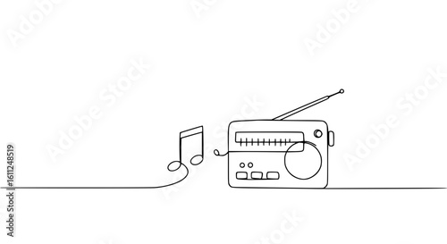 Simple line art of a vintage radio playing music notes concept of single line outline vector  