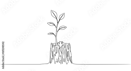 Plant growing from tree stump in minimalist single line outline vector  