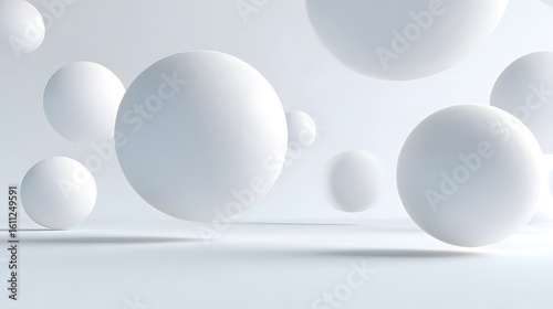 Minimalist floating 3D spheres casting soft shadows pure white background modern abstract composition ideal for tech marketing visuals and clean design templates