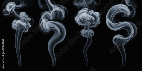 Elegant Smoke Trails Against a Dark Background Artistic Display of White Smoke Curving and Swirling Creating Abstract Shapes