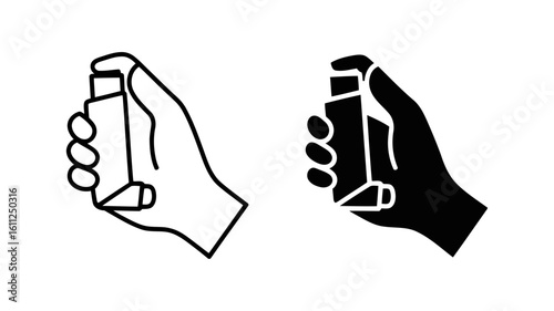 Vector art of a hand holding an asthma inhaler, a medical device used to deliver medication to the lungs for respiratory conditions, isolated on white background