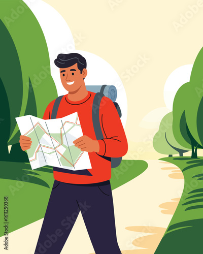 Cheerful male hiker navigating with a map on a scenic nature trail. Vector illustration of a man with a backpack enjoying a trip.