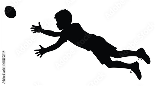 Silhouette of a young boy diving to catch a ball in mid air representing athleticism and childhood sports on a white background