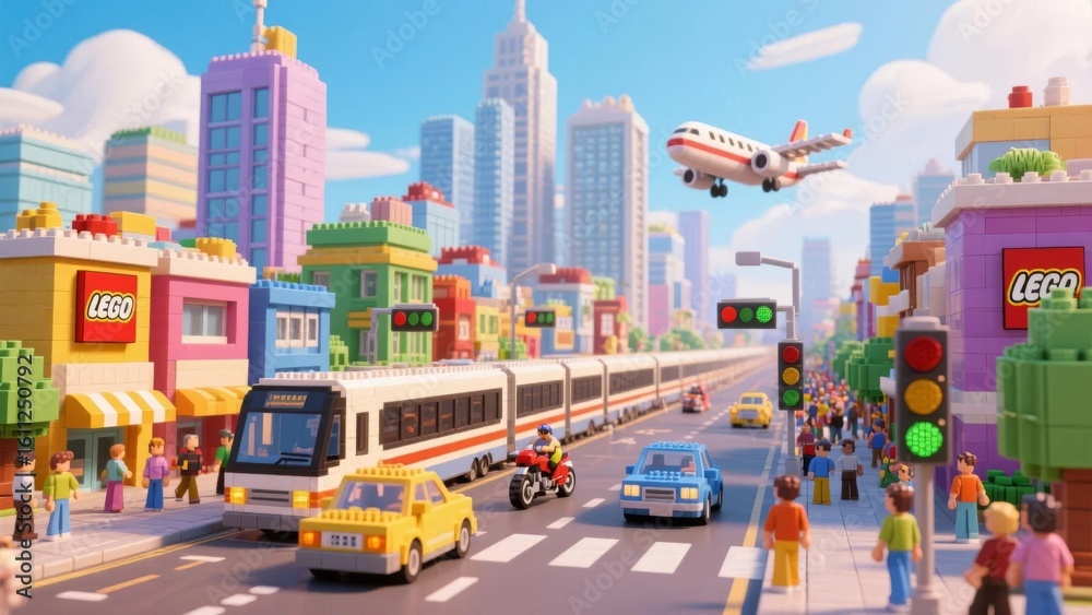 Obraz premium Colorful cityscape with vibrant buildings, a train, cars, pedestrians, and an airplane in the sky