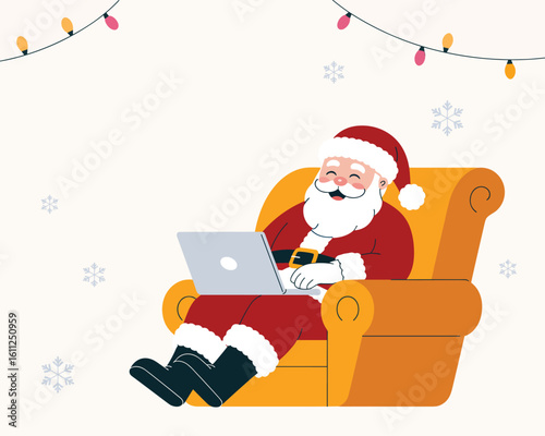 A cheerful Santa Claus sitting in an armchair using a laptop for modern holiday communication. Vector illustration for Christmas greetings.