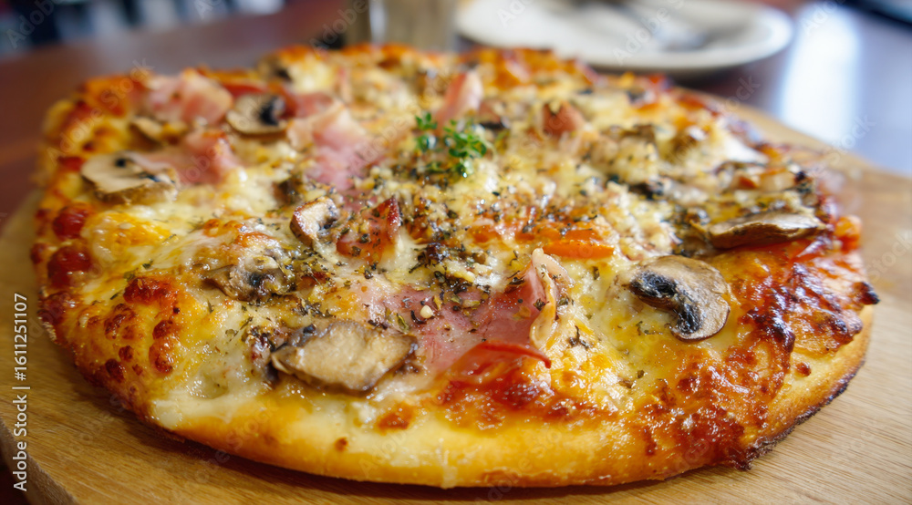 A mouthwatering, close-up view of a freshly baked pizza, richly topped with melted cheese, savory ham, sliced mushrooms, and herbs, served on a rustic wooden board, ready to be enjoyed A mouthwatering, close-up view of a freshly baked pizza, richly topped with melted cheese, savory ham, sliced mushrooms, and herbs, served on a rustic wooden board, ready to be enjoyed
