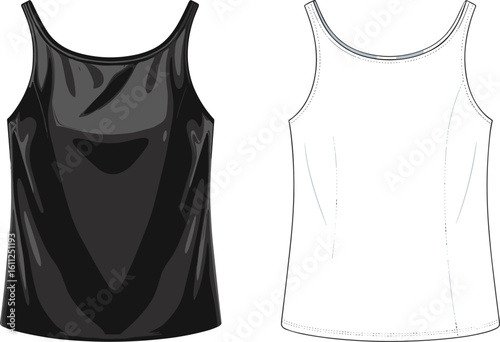 Front and back view of women’s tank top, satin and plain style design, cad drawing flat vector illustration, fashion template
