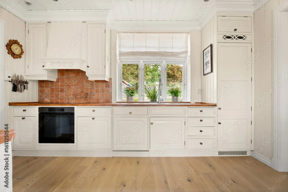 Fototapeta premium Modern luxury kitchen interior in minimal scandinavian style, 3d render