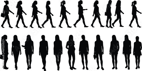 Silhouette collection of business women walking and standing in various professional poses, with handbags and high heels, office fashion style