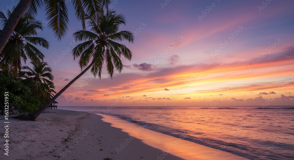 Fototapeta premium Tropical Sunset Beach Paradise: Palm Trees and Ocean
