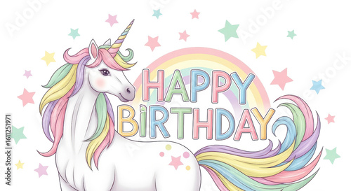 Magical unicorn with rainbow mane and stars celebrates a happy birthday wish
