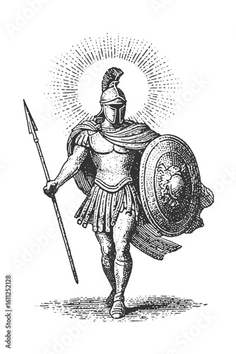 This impressive black and white illustration shows a strong warrior holding a spear and shield.