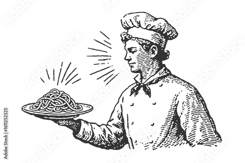 A vintage illustration of a chef presenting a plate of spaghetti.