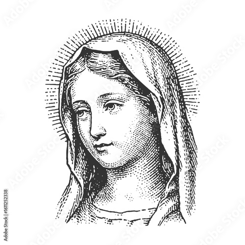 A detailed black and white engraving depicts the Virgin Mary, a symbol of faith and divine love.