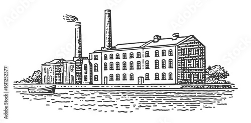 Vintage factory illustration with smokestacks, a boat, and water in a detailed, black and white drawing.