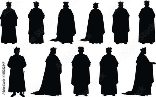 King silhouette collection in regal robes and crowns, various front and side poses, medieval royalty, monarchy, historical and fantasy themes