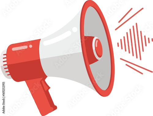 Megaphone with Sound Waves. Red and White Loudspeaker for Announcements, Communication, and Marketing.