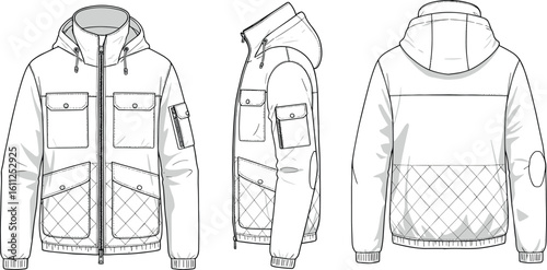 CAD drawing flat vector illustration of hooded quilted jacket, front side and back views, zipper closure, pocket detail, fashionable outerwear design, garment sketch template