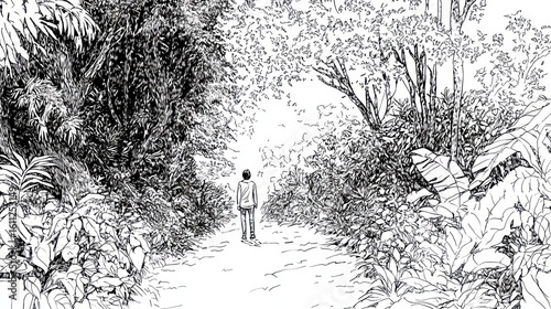 Fototapeta Naklejka Na Ścianę i Meble -  Man walks jungle path, black and white