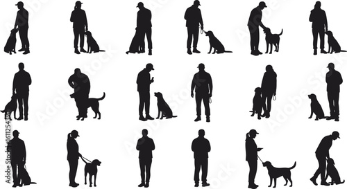 Silhouettes of people interacting with dogs, including walking, training, and playing, ideal for pet care and dog-related designs