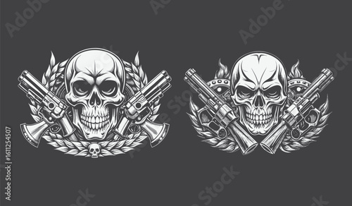 Detailed skull emblems with crossed firearms and ornate embellishments on a dark background