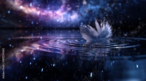 slow-motion video of a delicate white feather falling onto a perfectly reflective water surface showing a vivid galaxy sky, ripple effect spreading outward